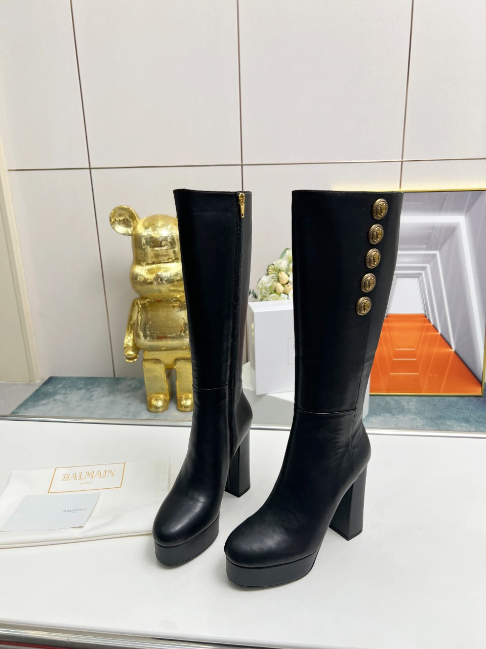 BALMAIN 26S HIGH BOOTS 115 MM IN BLACK CALFSKIN