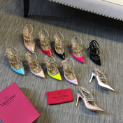 ROCKSTUD CAGED HIGH PUMP IN CHERRY RED MIX LIGHT PINK PATENT CALFSKIN 100 MM