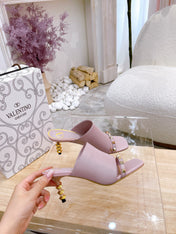 ROCKSTUD TOWER-HEEL MULES IN BABY PINK CALFSKIN 7 CM