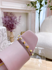 ROCKSTUD TOWER-HEEL MULES IN BABY PINK CALFSKIN 7 CM
