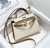 HM KELLY MINI 20 WHITE GOLDEN BROWN EPSOM GOLD HARDWARE