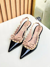 Rockstud Bow Slingback Black and Rose Cannelle Calfskin With Matching Studs