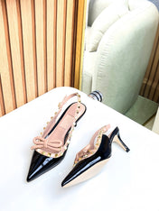 Rockstud Bow Slingback Black and Rose Cannelle Calfskin With Matching Studs