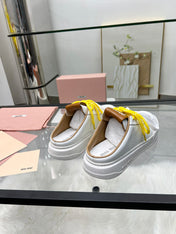 SNEAKER MULES IN WHITE MIX BROWN CALFSKIN WHITE  YELLOW LACES