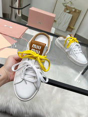 SNEAKER MULES IN WHITE MIX BROWN CALFSKIN WHITE  YELLOW LACES