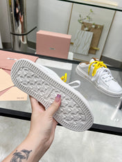 SNEAKER MULES IN WHITE MIX BROWN CALFSKIN WHITE  YELLOW LACES