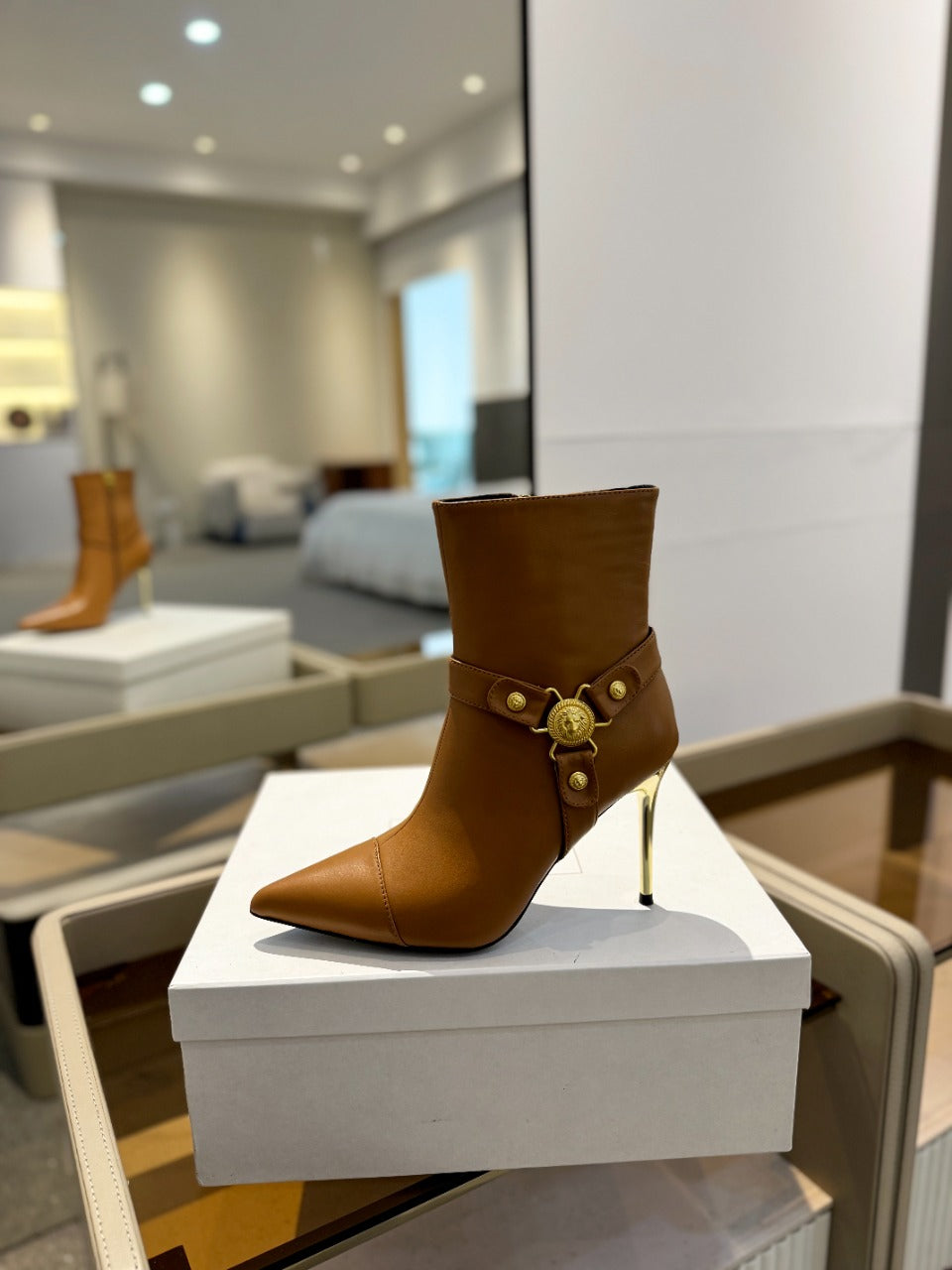 BALMAIN 26S STILETTO HEEL BOOTS 95 MM IN BROWN CALFSKIN